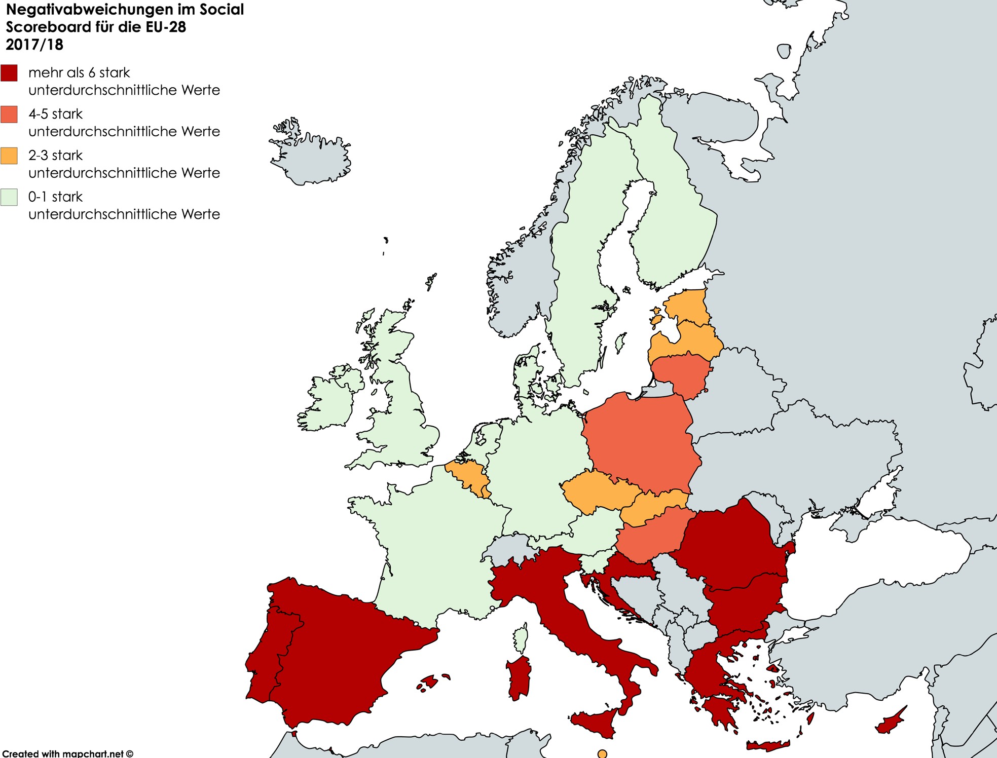 Rating nach Häufigkeit von stark unterdurchschnittlichen Werten für die zwölf genutzten Indikatoren, die als „kritische Lage“ und „zu beobachten“ markiert sind. Die Farbgebung erfolgt unabhängig von der Farbgebung der Europäischen Kommission im Social Scoreboard. Quelle: Länderberichte als Begleitunterlagen zu Europäische Kommission (2018b). Daten für Griechenland aus Europäische Kommission (2018c: 19).